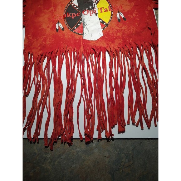 Cankpe Opi Takini Fringed Native Indian Tshirt Red Bleached tee Med Custom - Picture 2 of 5